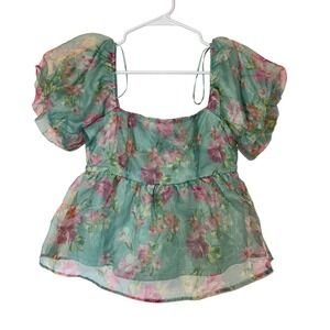 Green Floral Cropped Blouse with Puff Sleeves